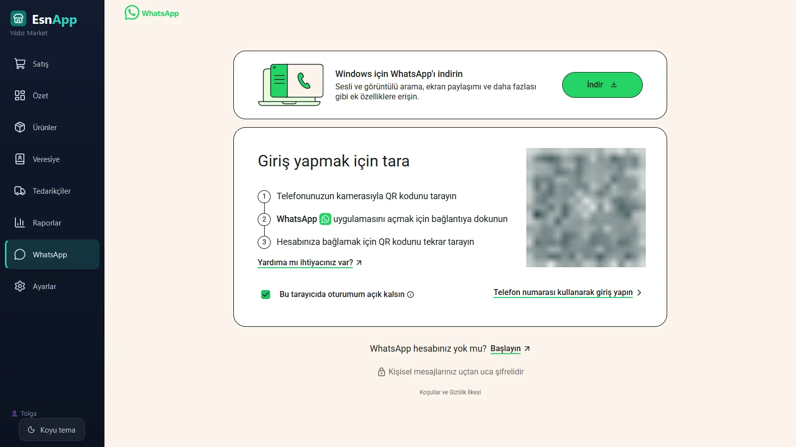 EsnApp içinde isteğe bağlı WhatsApp ekranı