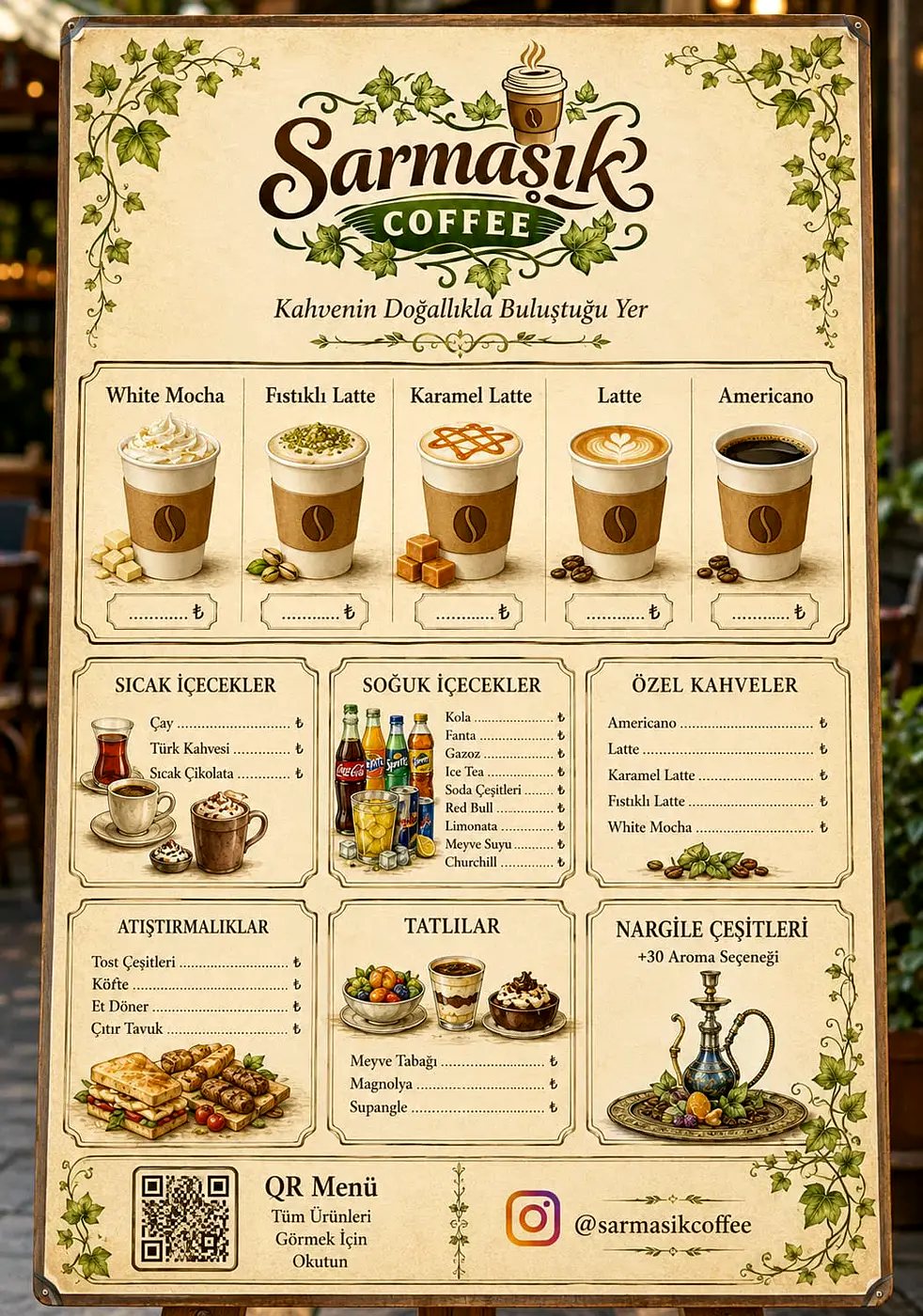 Sarmaşık Coffee fiyatlı menü panosu